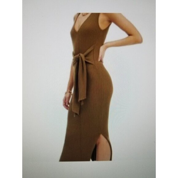 GOOD AMERICAN Sleeveless Rib Knit Tie Waist Midi Dress Taupe Tan Size 2 M - Picture 1 of 13